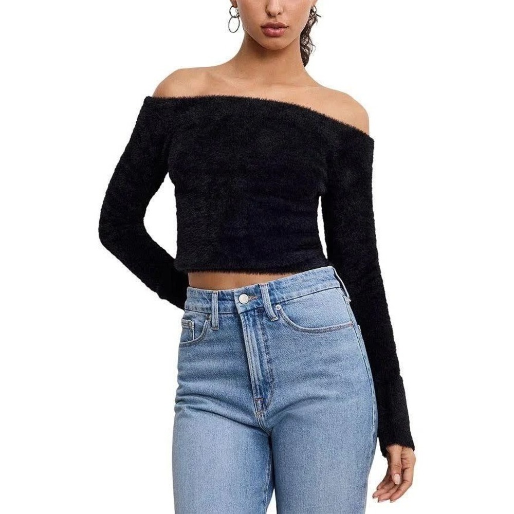 NWT Good American Off‎ the Shoulder Sweater knit Black Size X small